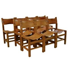 Set of Ten Solid Elm and Cognac Leather Chairs by Maison Regain - Circa 1970 9
