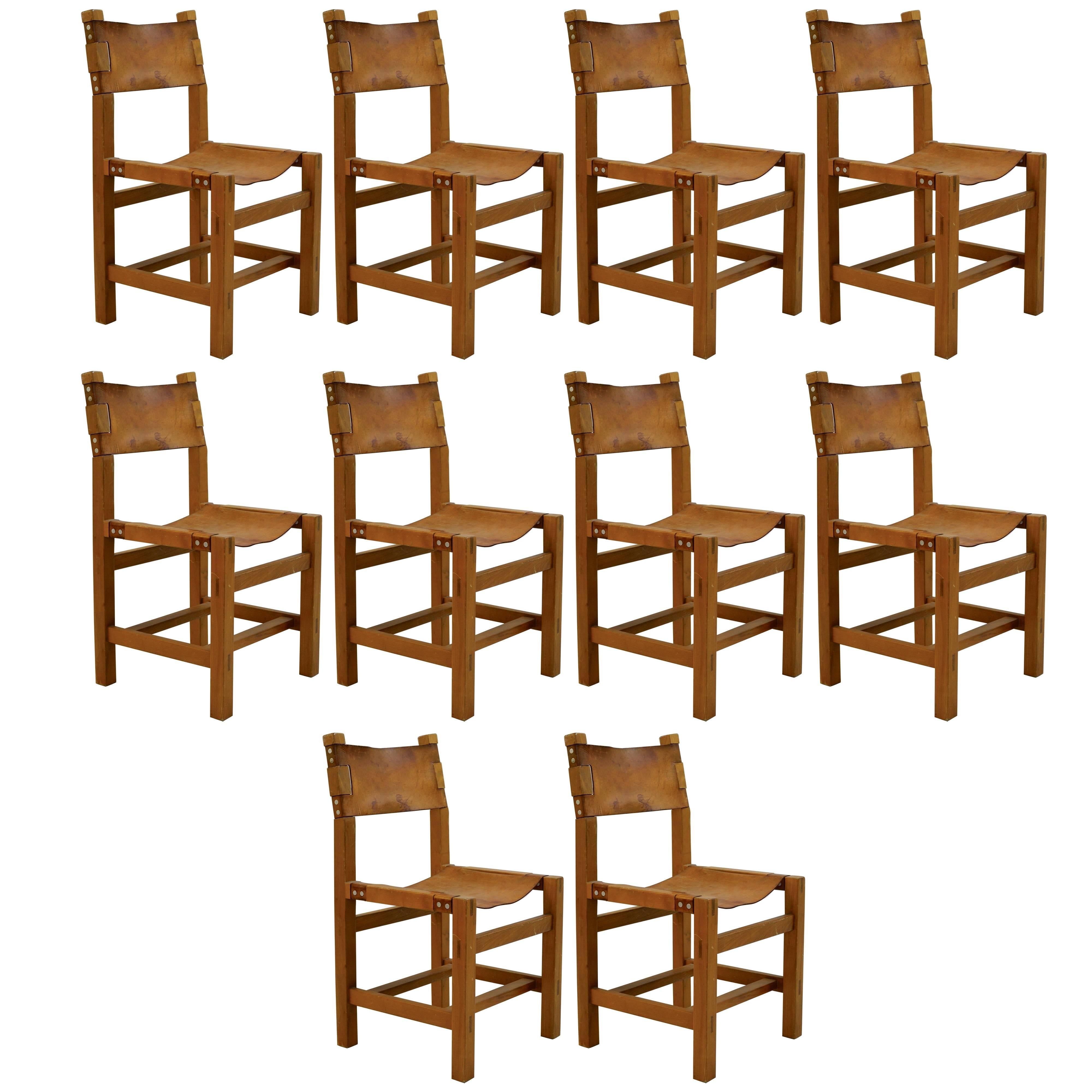 Set of Ten Solid Elm and Cognac Leather Chairs by Maison Regain - Circa 1970