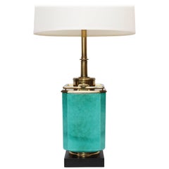 Tall Edwin Cole for Stiffel Aqua Ceramic & Brass Table Lamp with Glass Shade