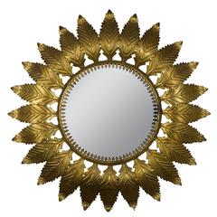 Round Gilt Metal Sunburst Mirror, Spanish, 1950s