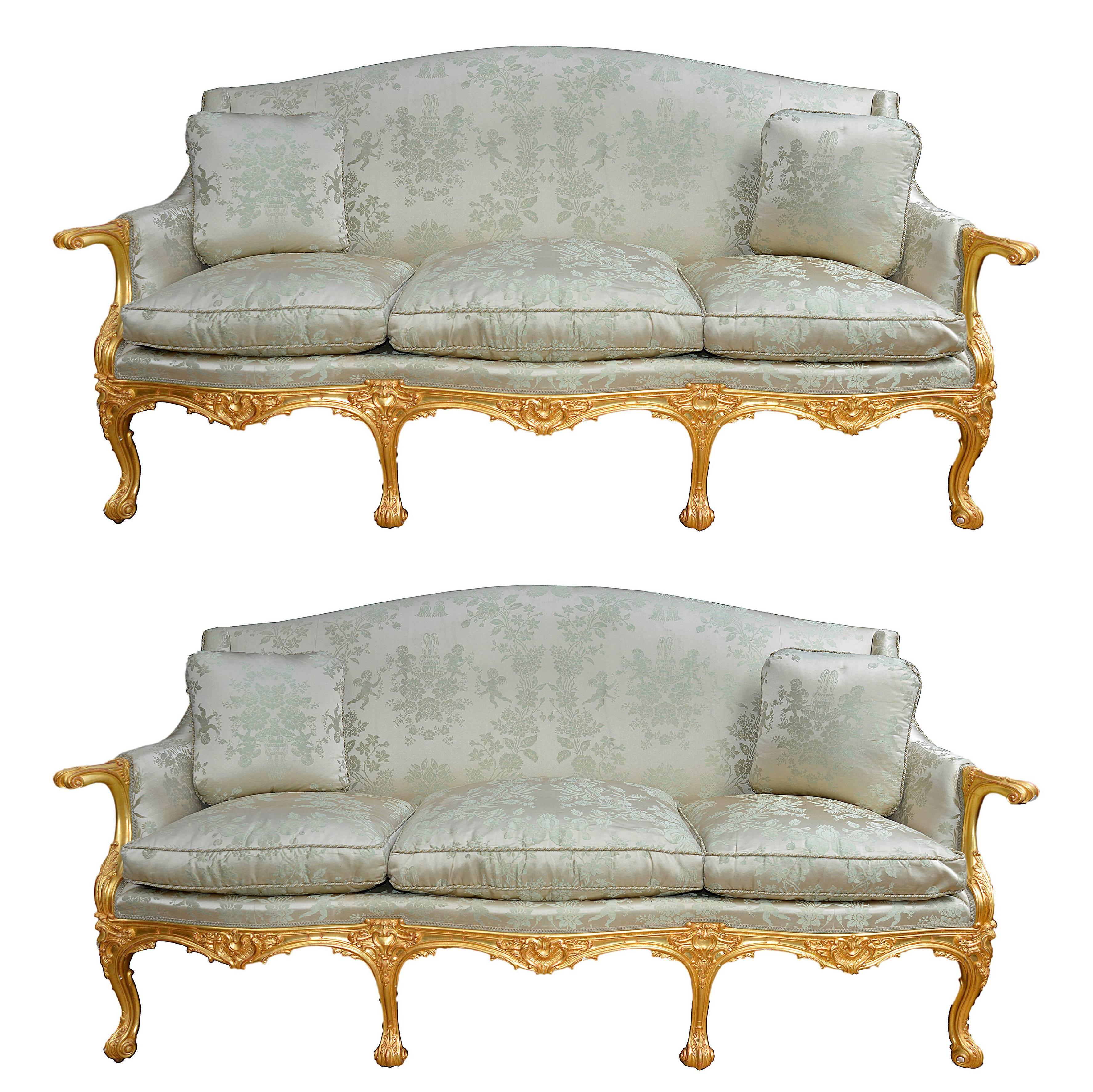 Pair of French Louis XVI Style Gilded Sofas, Late 19th Century