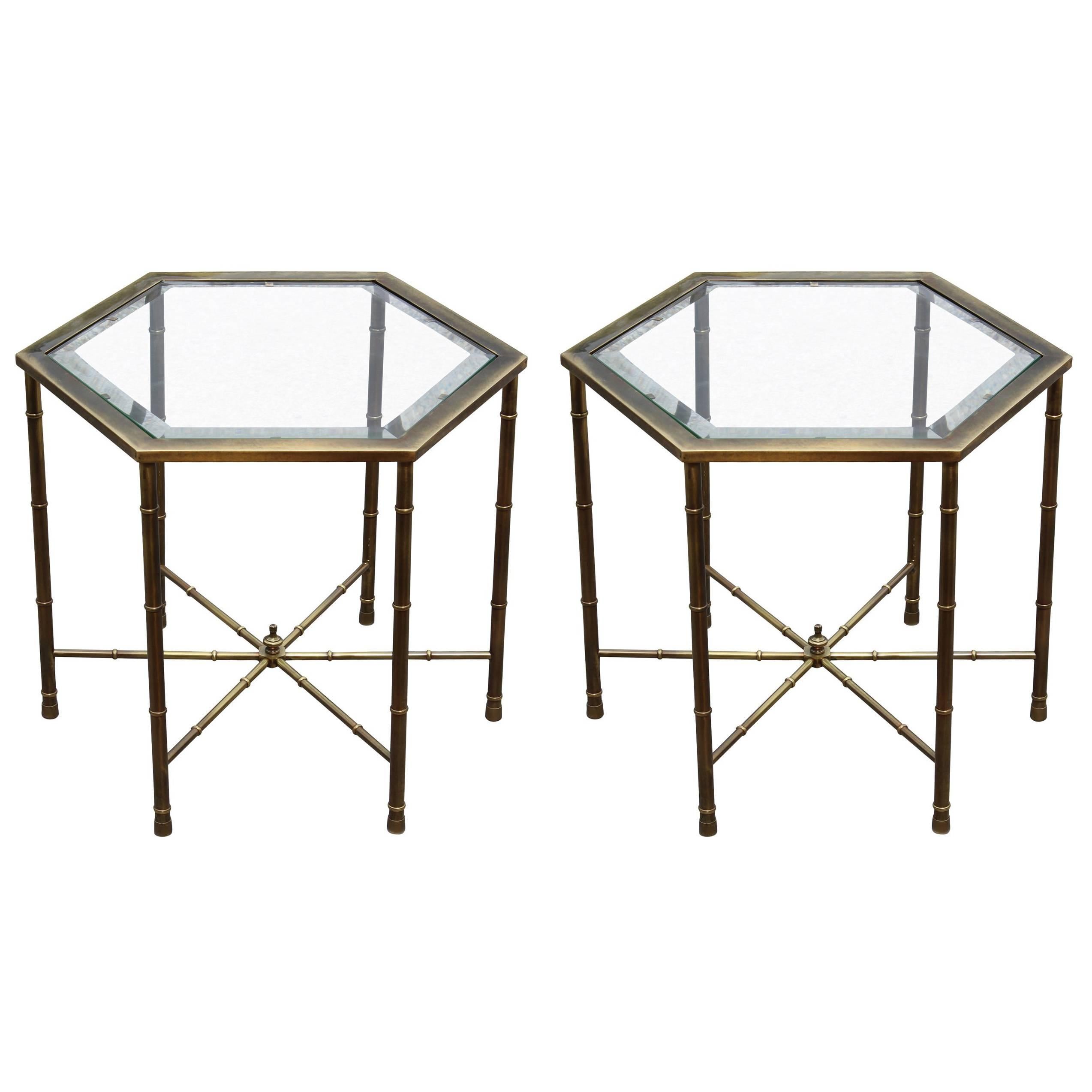 Pair of Modern Mastercraft Hexagonal Brass and Glass Side Tables