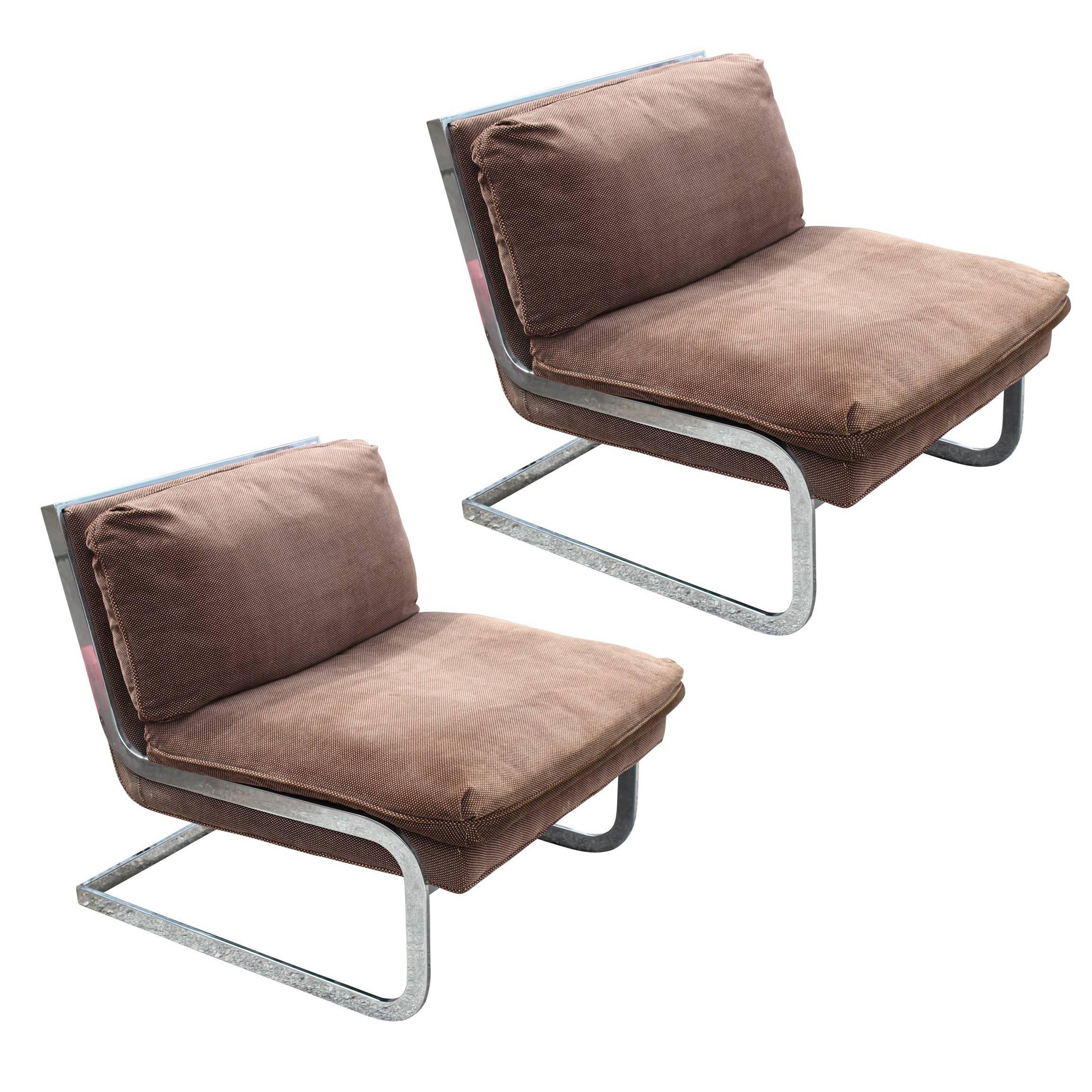 Luxe Pair of Modern Chrome Armless Lounge Chairs