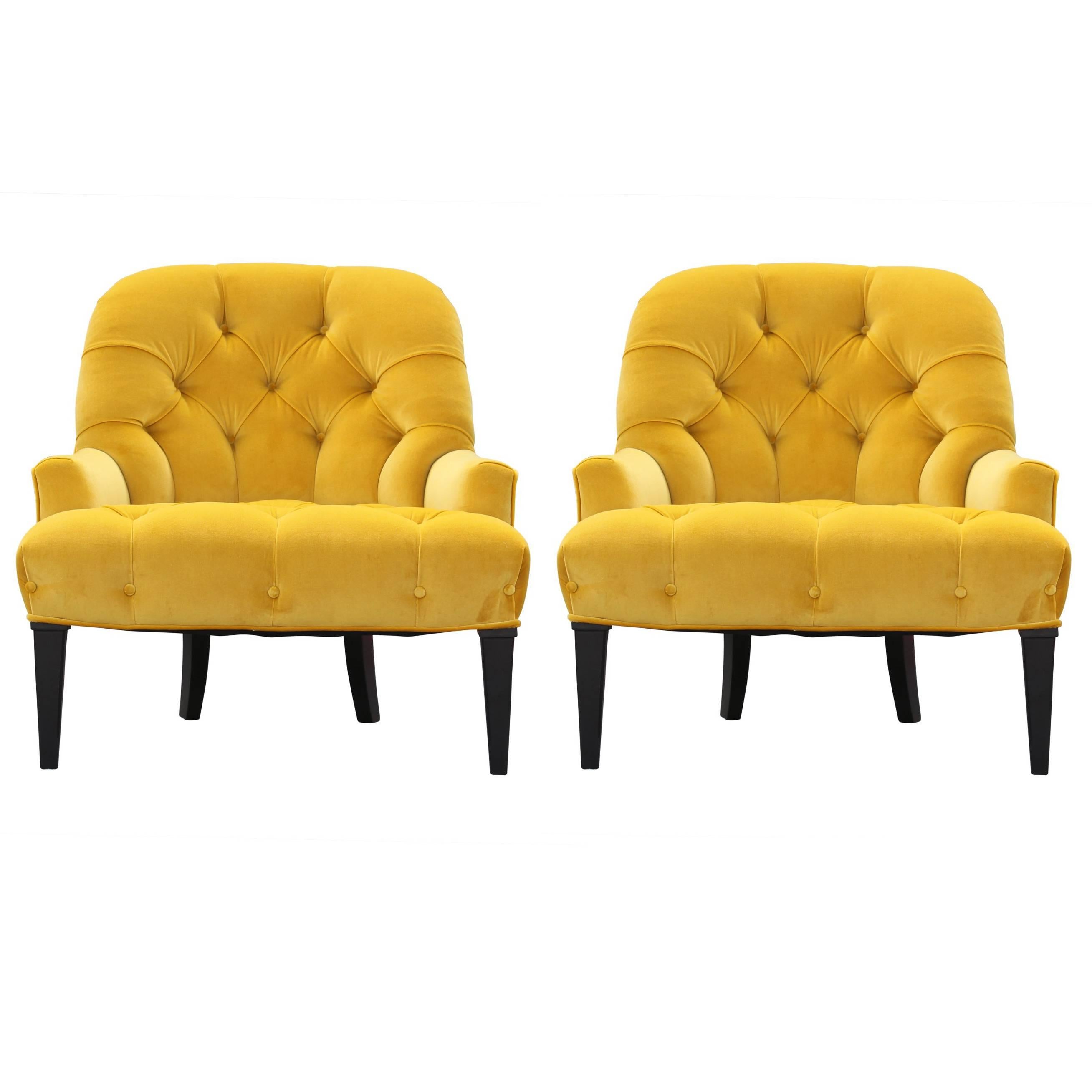 Pair of Modern French Slipper Lounge Chairs in Tufted Yellow Velvet