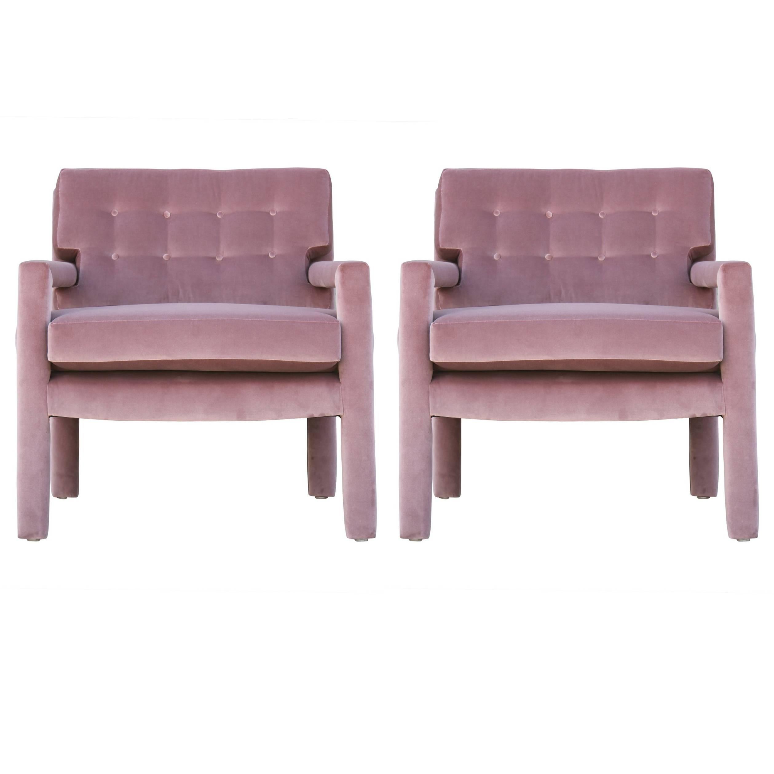 Pair of Modern Milo Baughman Parsons Style Lounge Chairs in Purple Velvet
