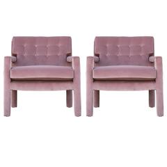 Pair of Modern Milo Baughman Parsons Style Lounge Chairs in Purple Velvet