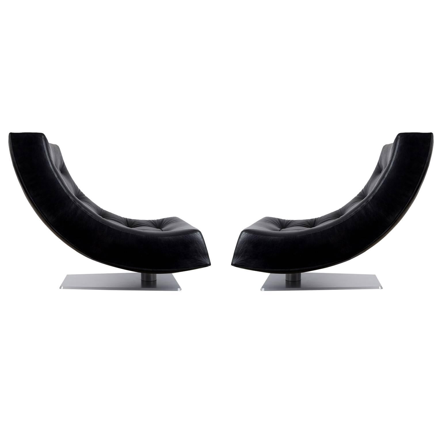 Large Modern Tufted Black Leather Swivel Scoop Lounge Chairs, Pair, circa 1980