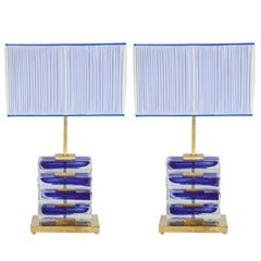 Impressive Pair of Italian Blue and Clear Murano Glass Block Lamps 8