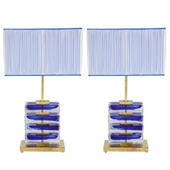 Impressive Pair of Italian Blue and Clear Murano Glass Block Lamps