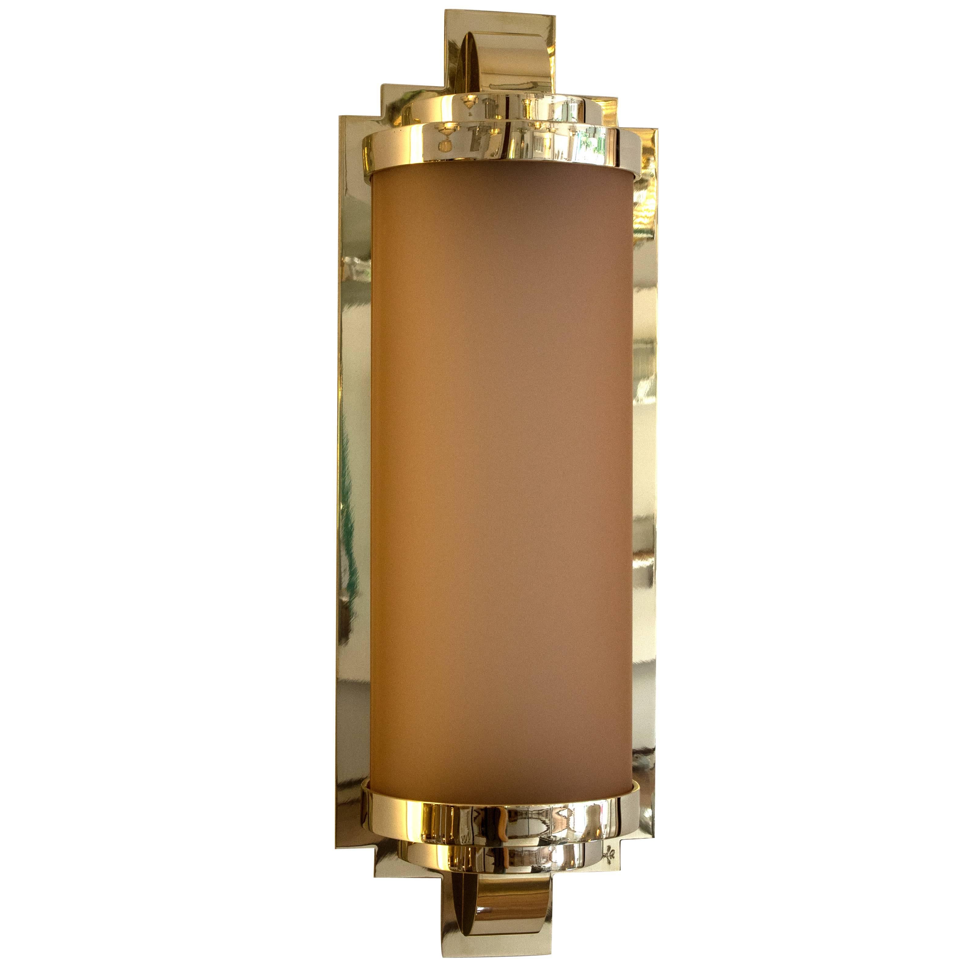 Art Deco Sconce with Vintage Pink ‘Creole’ Glass and Polish Brass For Sale
