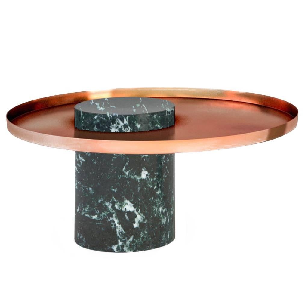 Low Salute Coffee Table Green Marble, Copper Tray For Sale
