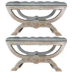 Chinoiserie Painted Benches with Lamb Skin Leather Upholstery 2