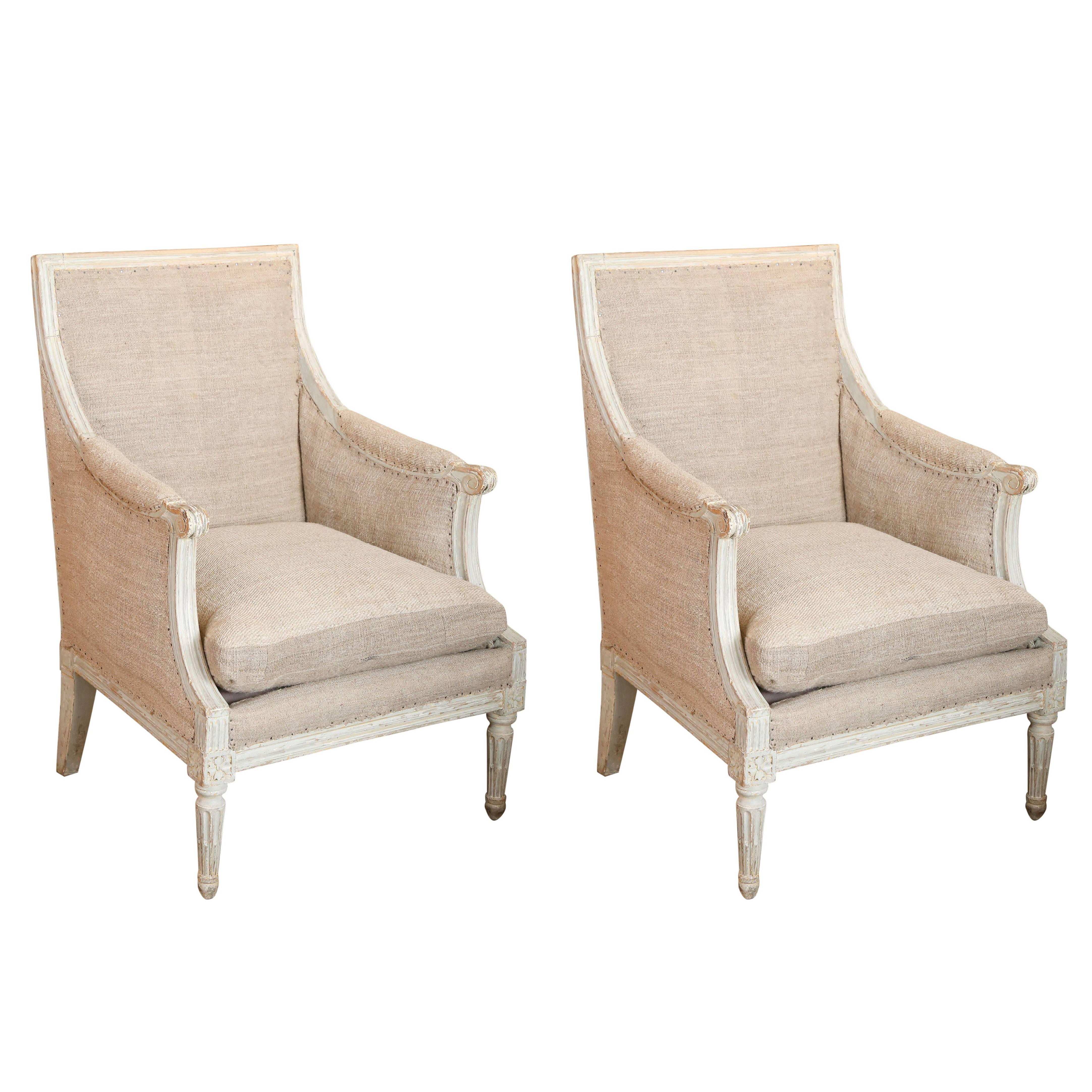 Pair of Directoire Painted Bergeres Upholstered in Burlap
