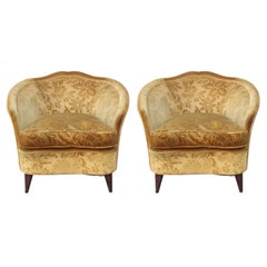 Pair of 1950s Modern Italian Lounge Chairs in Vintage Gold Floral Velvet
