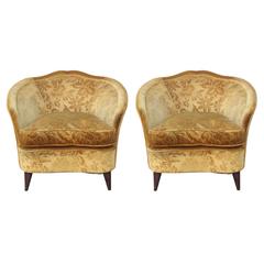 Pair of 1950s Modern Italian Lounge Chairs in Vintage Gold Floral Velvet 9