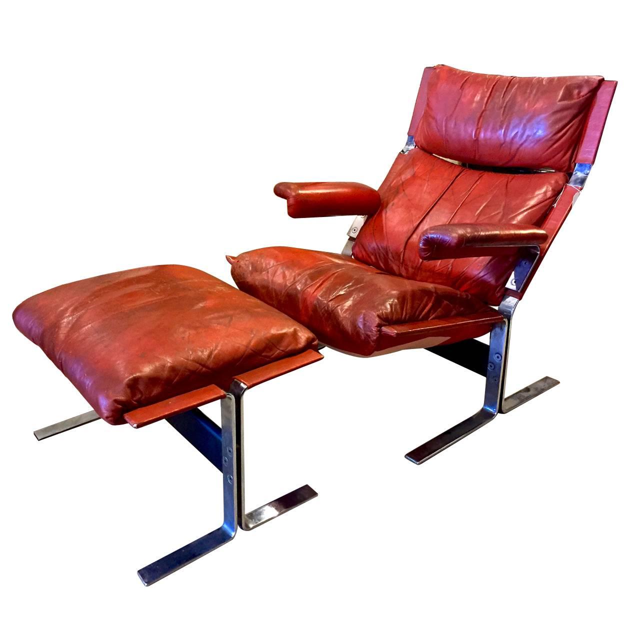 Saporiti Lounge Chair and Ottoman in Original Leather