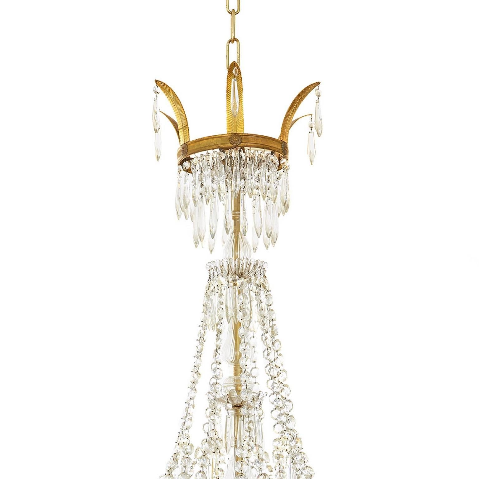 Large Gilt Bronze and Crystal Antique French Chandelier in the Empire Style 1