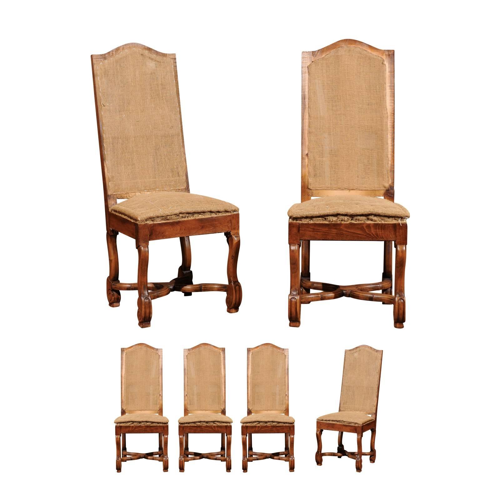 Set of Six 1920s French Os de Mouton Tall Back Side Chairs with Cross Stretchers