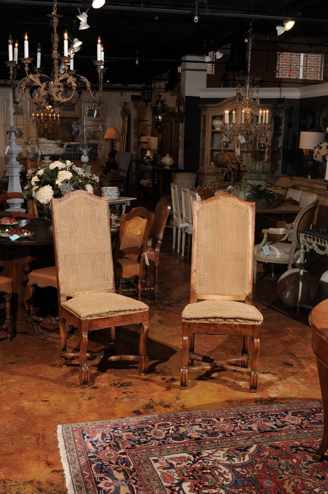 Louis XIII Set of Six 1920s French Os de Mouton Tall Back Side Chairs with Cross Stretchers