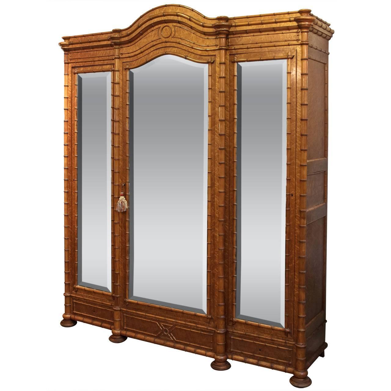 Faux Bamboo Three-Door Armoire of Curly Maple