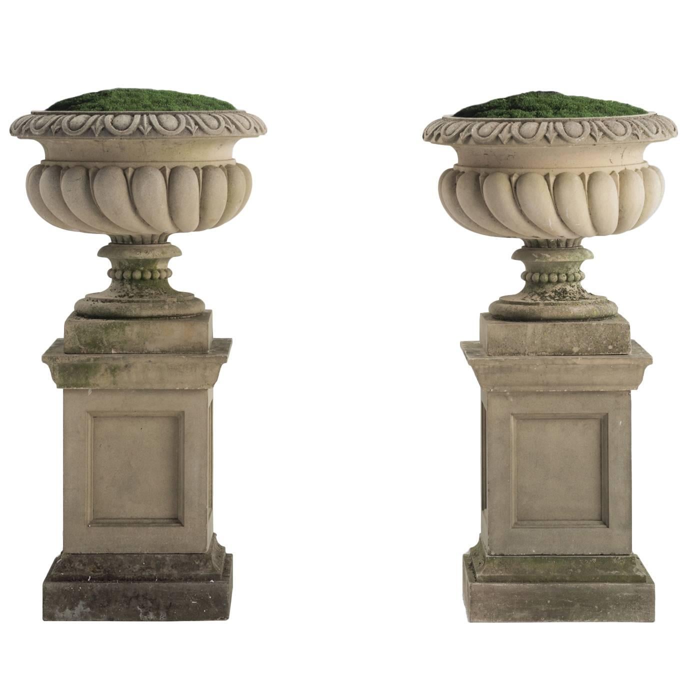 Pair of Concrete Westonbirt Urns with Pedestals, circa 1975