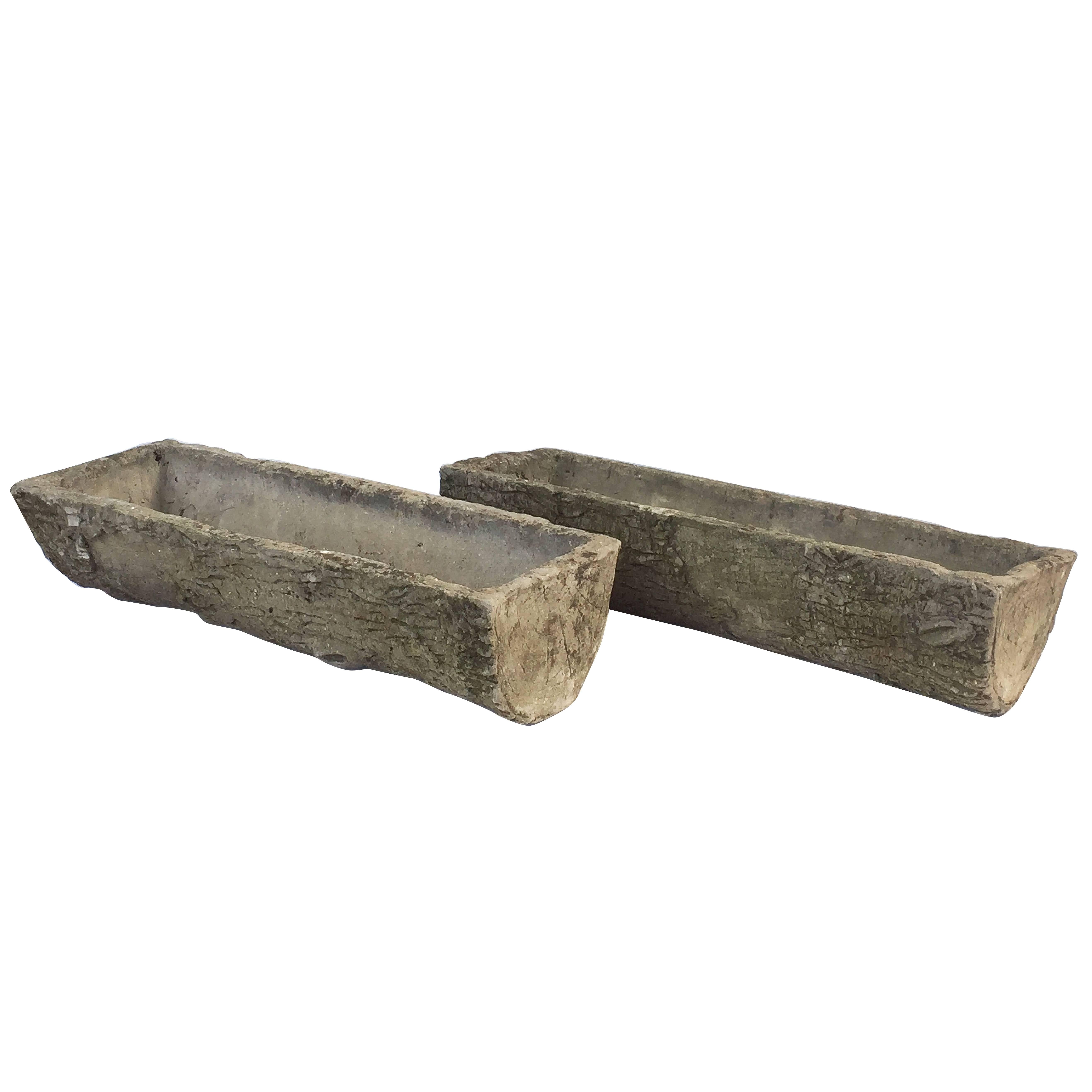 A fine pair of large English garden stone faux bois log planters or troughs - each low planter featuring the look of a hollowed half-log, of composition stone.

An excellent addition to an indoor or outdoor garden room, garden, or