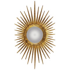 French 1940s Giltwood Convex Oval Sunburst Mirror with Gold Leaf Finish