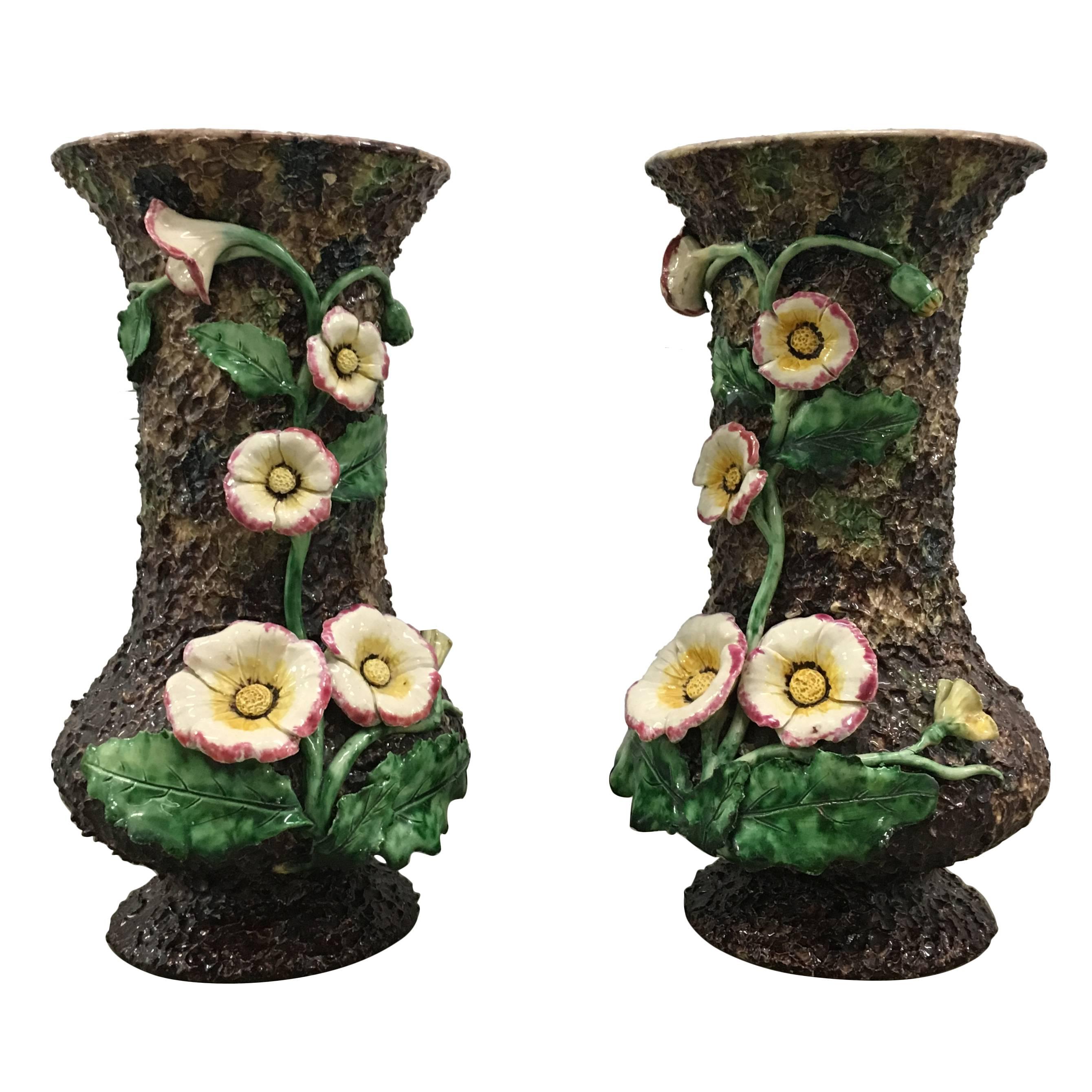 Pair of Palissy Ware Floral Vases, Europe, Late 19th Century For Sale