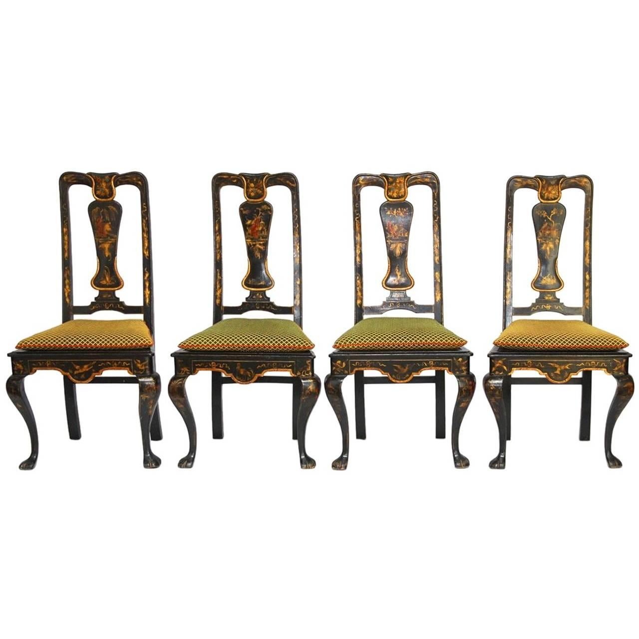 Set of Four Queen Anne Style Chinoiserie Painted Dining Chairs