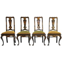 Antique Set of Four Queen Anne Style Chinoiserie Painted Dining Chairs