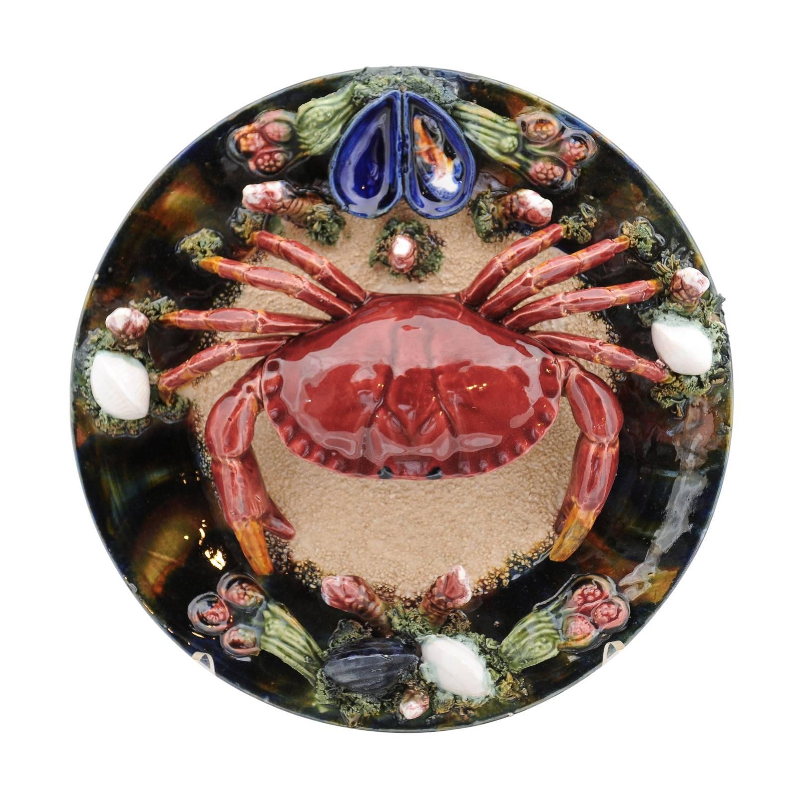 Portuguese Palissy Style Majolica Plate with Crab and Mussels, circa 1950