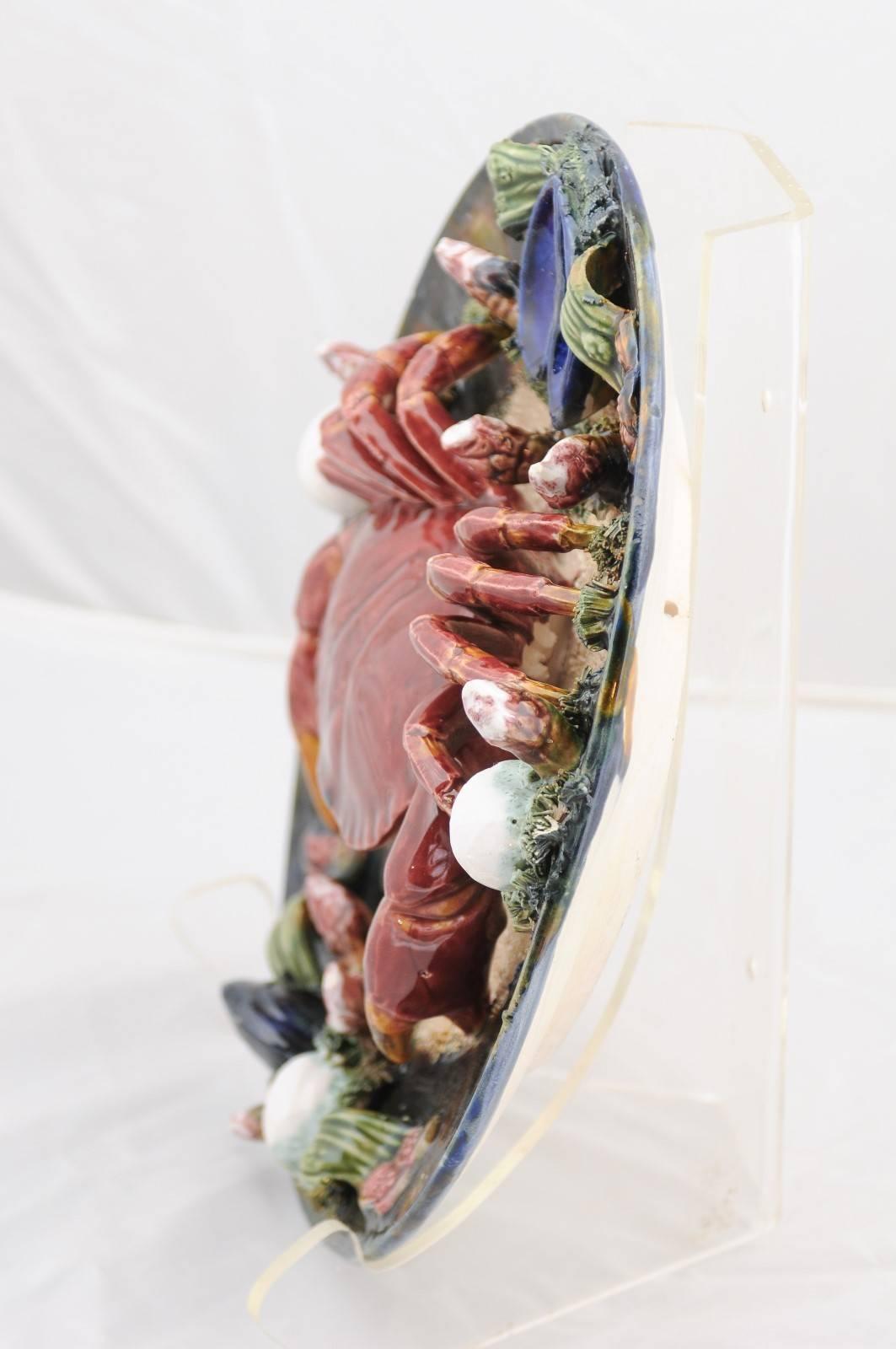 Glazed Portuguese Palissy Style Majolica Plate with Crab and Mussels, circa 1950