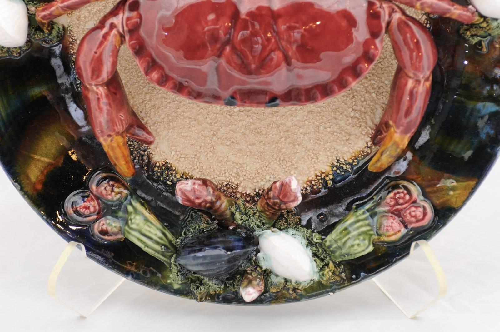 Renaissance Portuguese Palissy Style Majolica Plate with Crab and Mussels, circa 1950