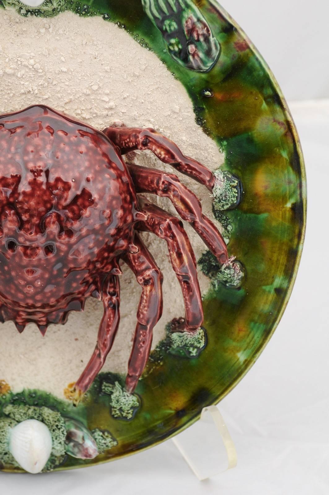 Renaissance Palissy Style Majolica Plate with Red Sea Spider in High Relief, circa 1950