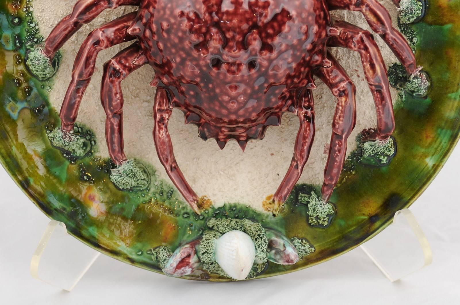 Portuguese Palissy Style Majolica Plate with Red Sea Spider in High Relief, circa 1950