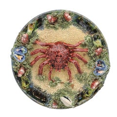 1920s Palissy Style Glazed Majolica Decorative Plate with Sea Spider and Clams