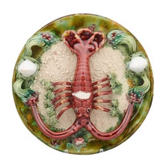 1920s Portuguese Palissy Style Majolica Plate with Red Lobster Motif