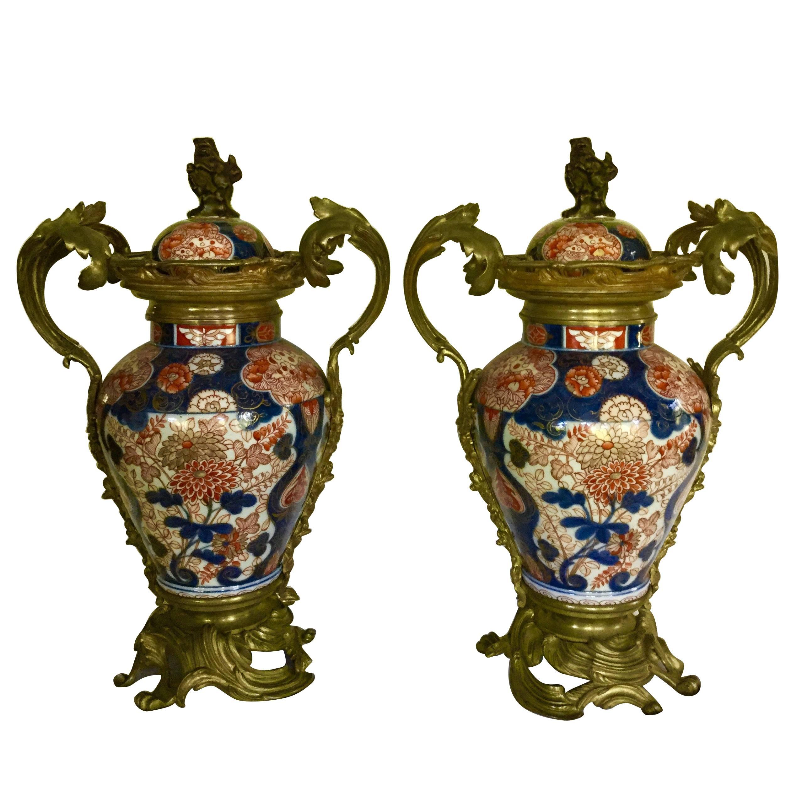 Impressive and Decorative Pair of Imari Baluster Vases with Ormolu Mounts