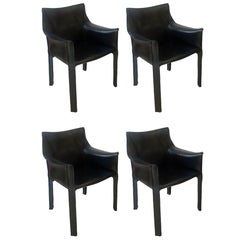 1970s Cassina Black Leather Armchairs Cab 413 Model