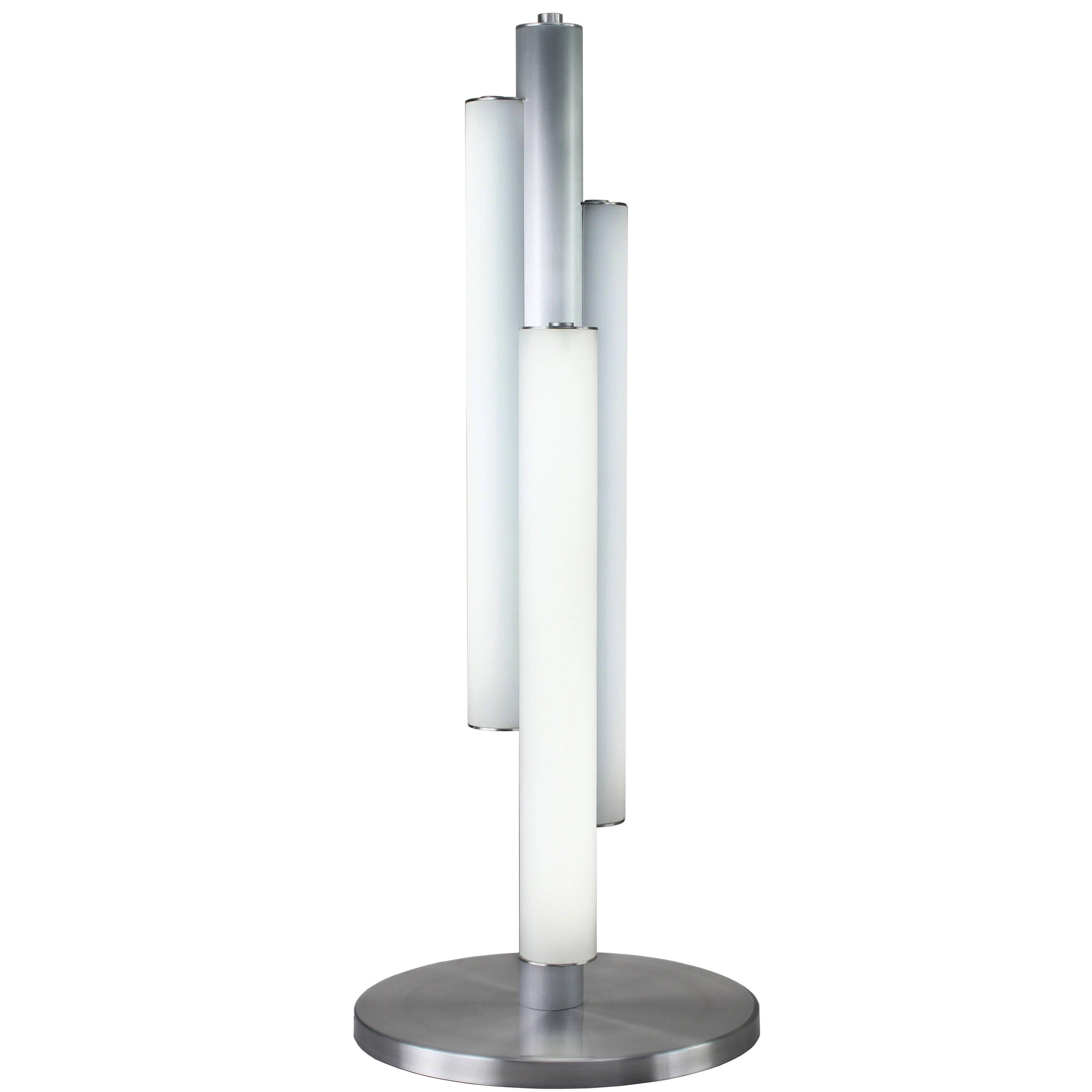 Triple White Glass Cylinder Table Lamp in Art Deco Style with Satin Aluminum For Sale