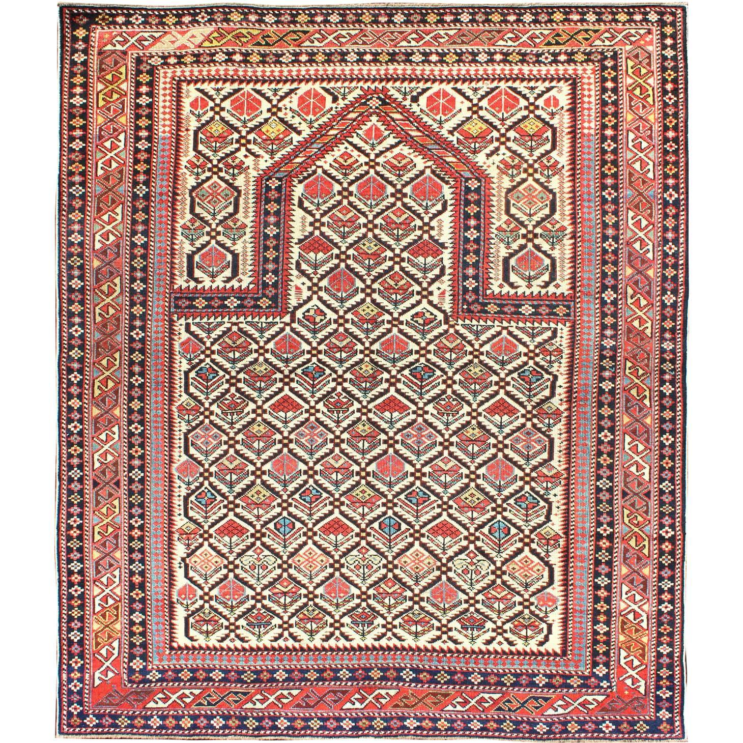 Antique 19th Century Caucasian Shirvan Rug with Prayer Design in Ivory  For Sale