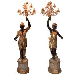 Pair Italian Polychromed Blackamores Candelabras Octagonal Plinths Floor Lamps