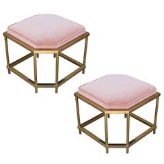 Pair of Modern Mastercraft Style Brass and Light Pink Velvet Hexagonal Ottomans