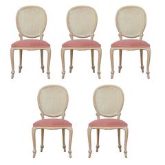 Set of Five / Four Cane Back Rope Dining Chairs in Pink Velvet and Bleached