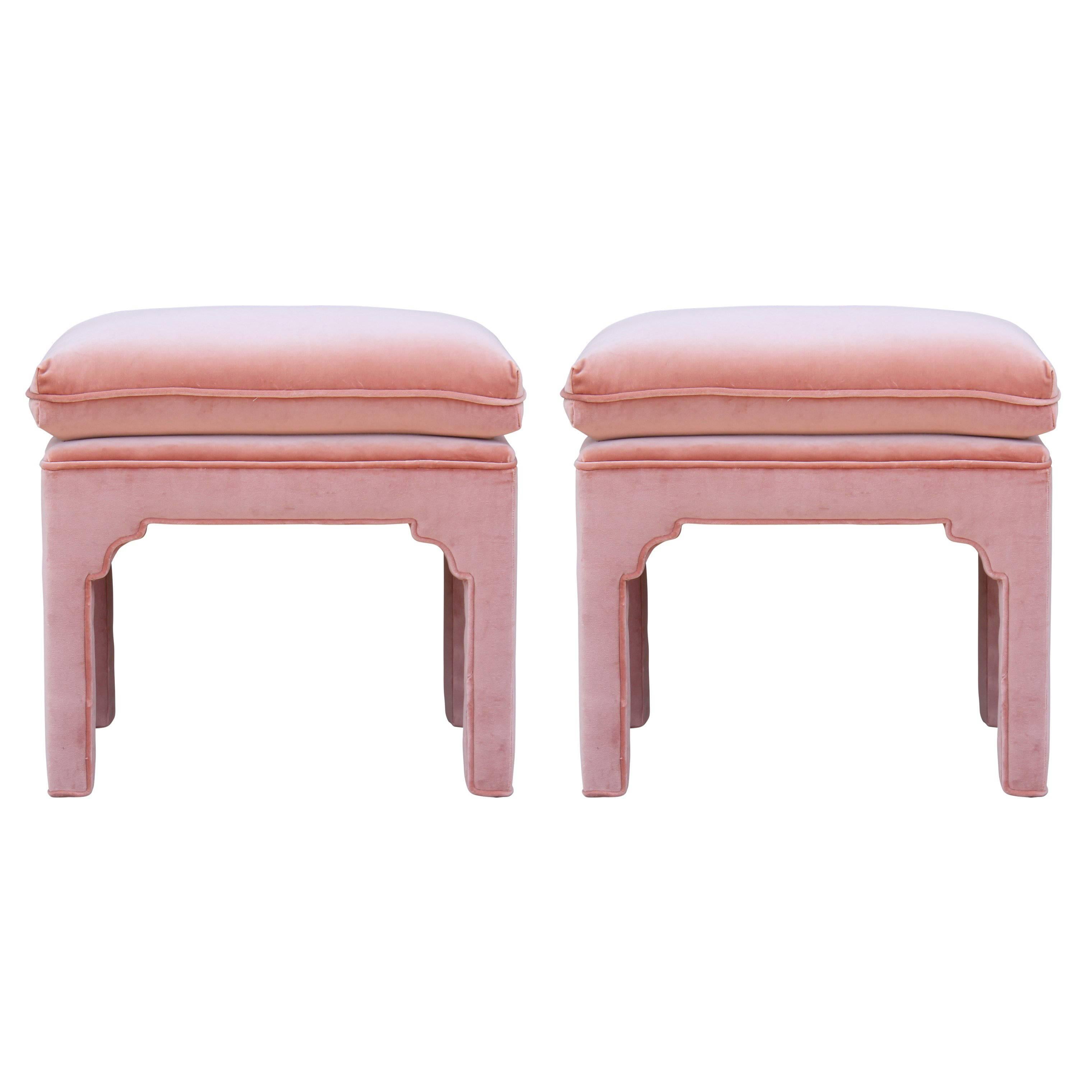 Pair of Modern Fully Upholstered Light Pink Velvet Footstools Ottomans