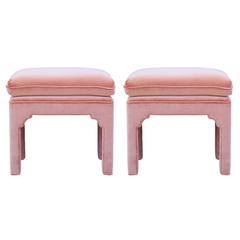 Pair of Modern Fully Upholstered Light Pink Velvet Footstools Ottomans