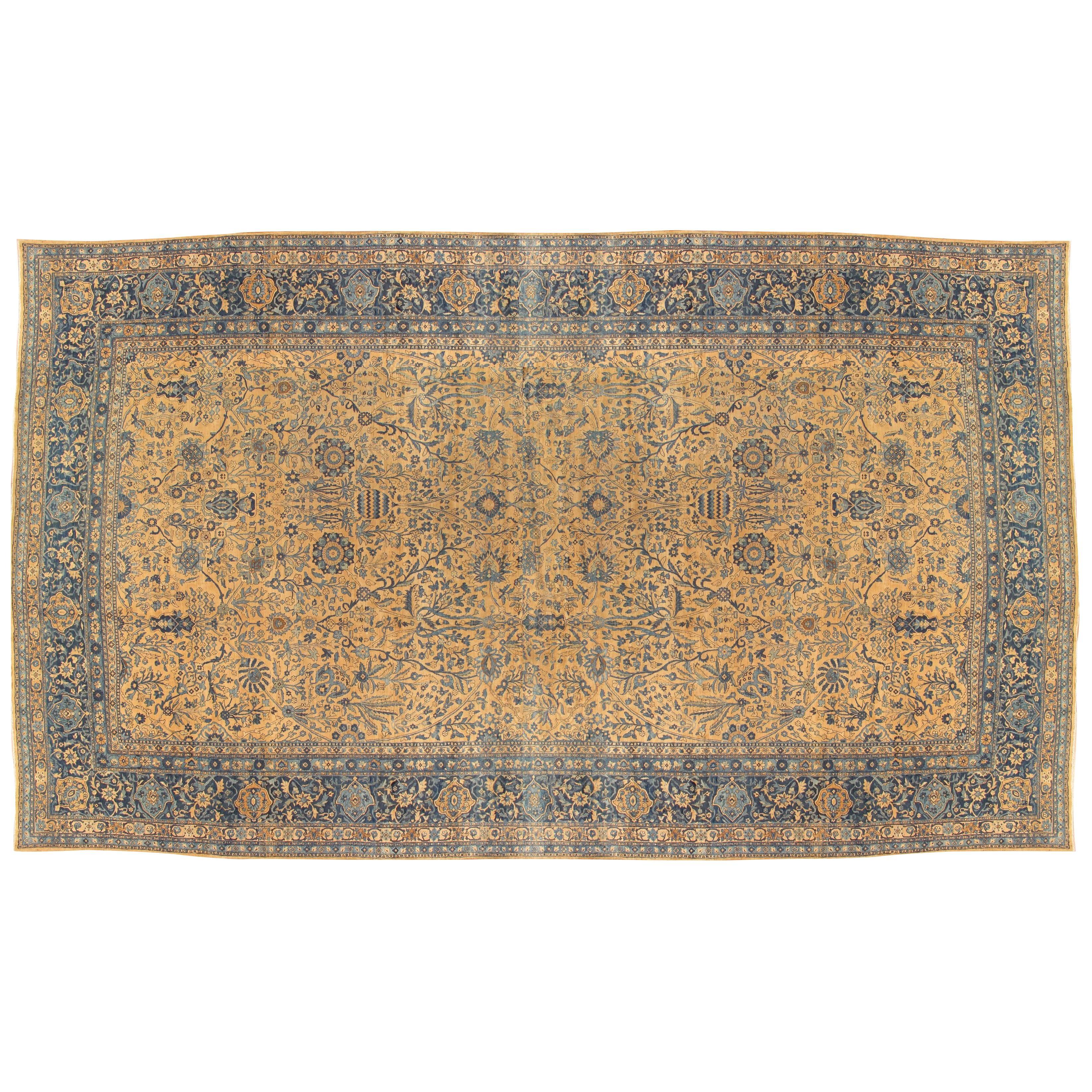 Antiker Lavar Kerman-Teppich, feiner persischer orientalischer Teppich, hellblau, Gold und Marineblau