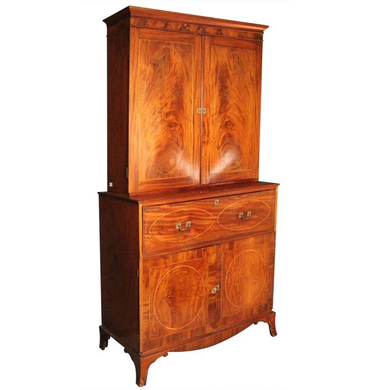 American Federal Inlaid Mahogany Bookcase Secretary, 19th Century For Sale