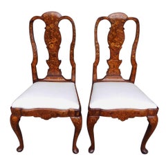 Antique Pair of English Queen Anne Walnut Marquetry Upholstered Side Chairs, Circa 1740