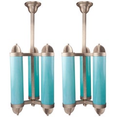 Pair of Art Deco Glass and Chrome Pendant Lights